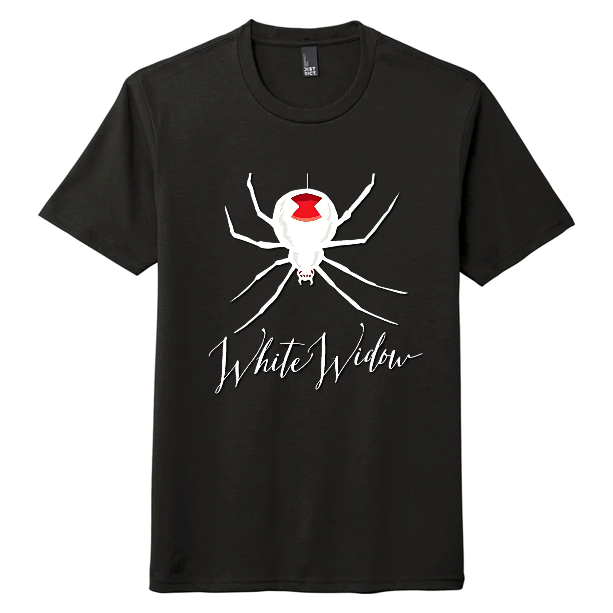 Black t-shirt with a white spider graphic and 'White Widow' text on a white background